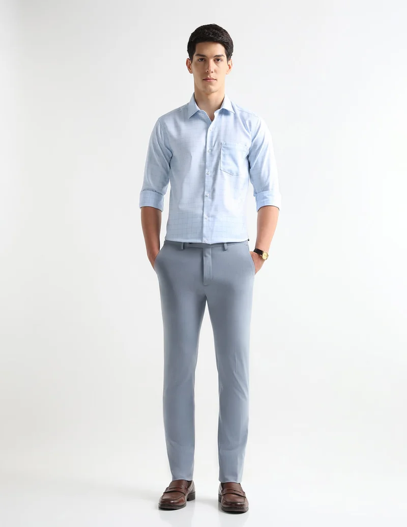 Arrow Light Blue Textured Graph Checked Auto Press Shirt for Men | Best Price UAE