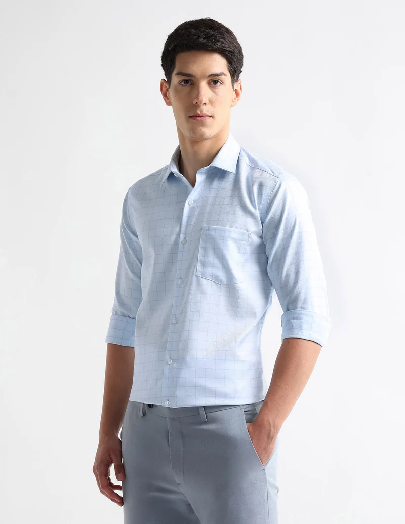 Arrow Light Blue Textured Graph Checked Auto Press Shirt for Men | Best Price UAE