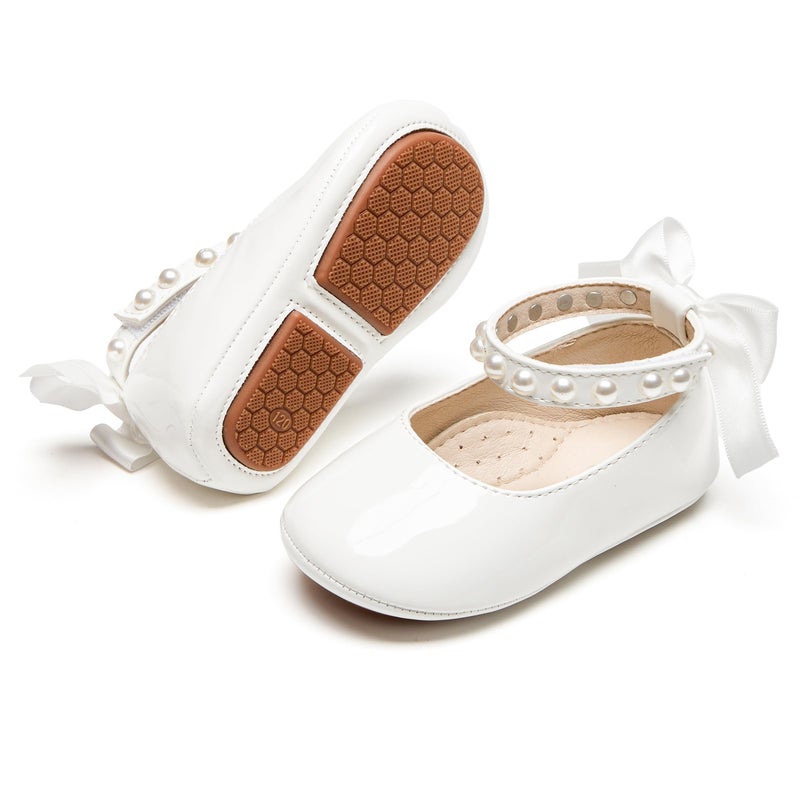 PHIRAMIN Baby Girls Ivory White Mary Jane Flats - Infant 12-18 Months Walking Shoes Soft Rubber Sole Princess Wedding - Image 1