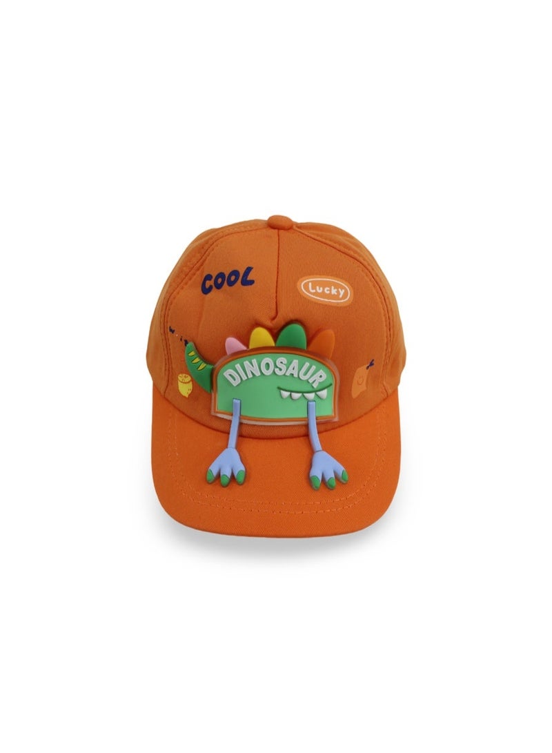Fancy Unisex Cotton Cap – Orange with Dinosaur Design - Image 1