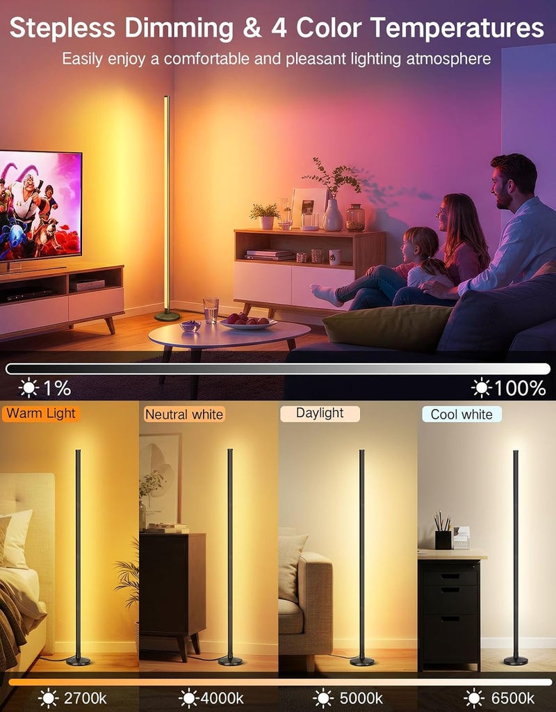 OUTON LED Smart RGBCW Corner Floor Lamp with APP and Remote Control, Dimmable Floor Lamps with 16 Million Colours, Music-Sync, Timer, Height Adjustable for Living Room Bedroom Gaming Room, 1 Pack - Image 3