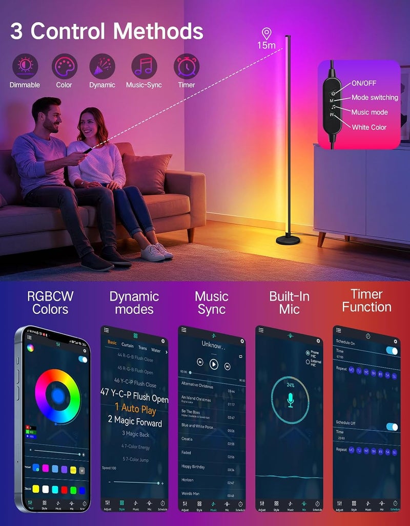 OUTON LED Smart RGBCW Corner Floor Lamp with APP and Remote Control, Dimmable Floor Lamps with 16 Million Colours, Music-Sync, Timer, Height Adjustable for Living Room Bedroom Gaming Room, 1 Pack - Image 5