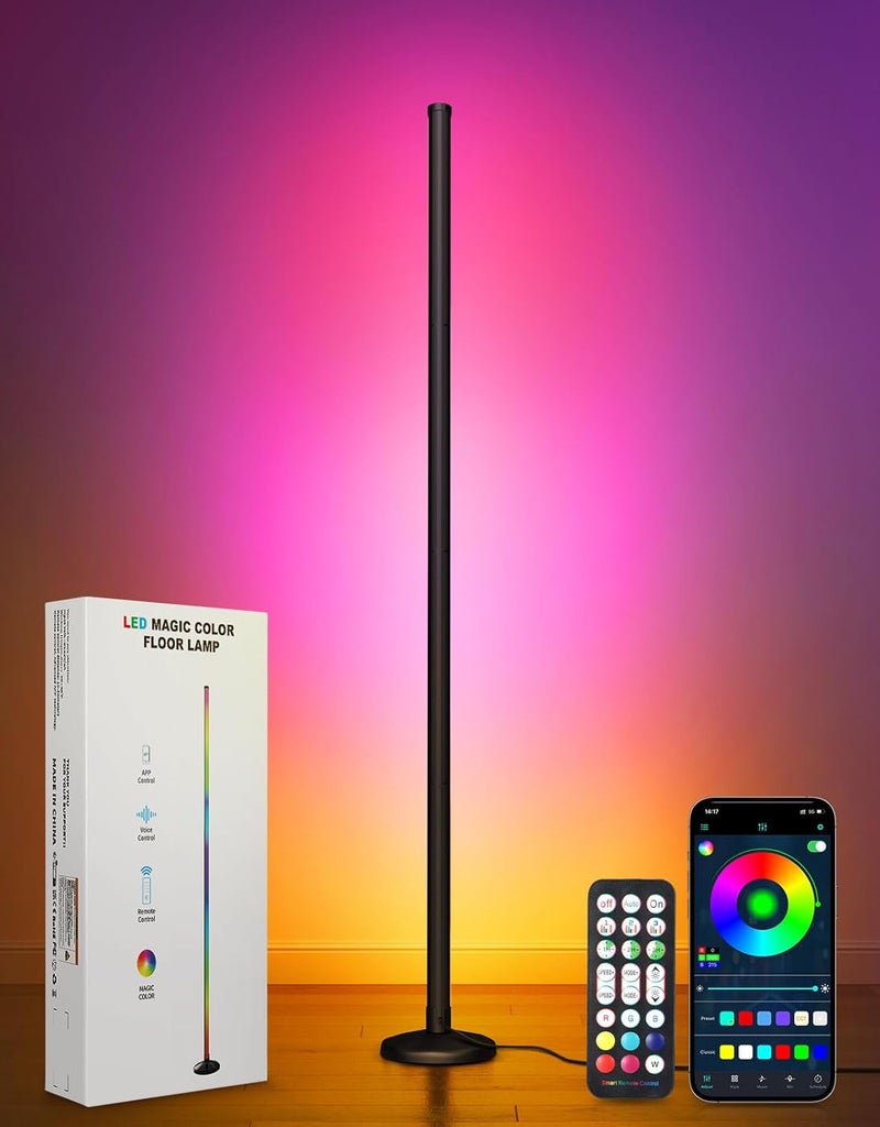 OUTON LED Smart RGBCW Corner Floor Lamp with APP and Remote Control, Dimmable Floor Lamps with 16 Million Colours, Music-Sync, Timer, Height Adjustable for Living Room Bedroom Gaming Room, 1 Pack - Image 1