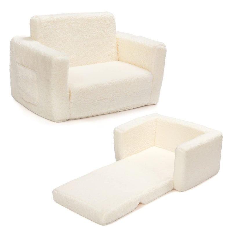 BEJOY Kids Sofa Bed 2in1 Flip Out Cuddly Sherpa Toddler Couch Convertible Chair to Lounger Children Sofa Bed Childrens Day and Birthday Gift for Girls Boys White