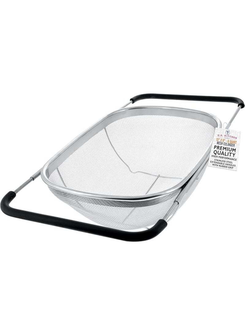 YelaJoy Premium Quality Over The Sink Stainless Steel Oval Colander with Fine Mesh 6 Quart Strainer Basket & Expandable Rubber Grip Handles - Strain, Drain, Rinse Fruits, Vegetables - Image 1