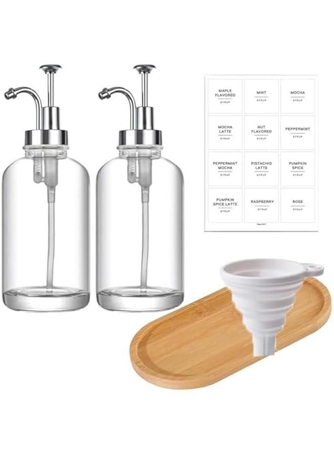 هوكور مجموعة موزع شراب 500 مل من قطعتين، موزع شراب القهوة لركن القهوة، ملصقات زجاجات الشراب الزجاجية وصينية الخيزران وقمع، موزع مضخة شراب، فضي - Image 1