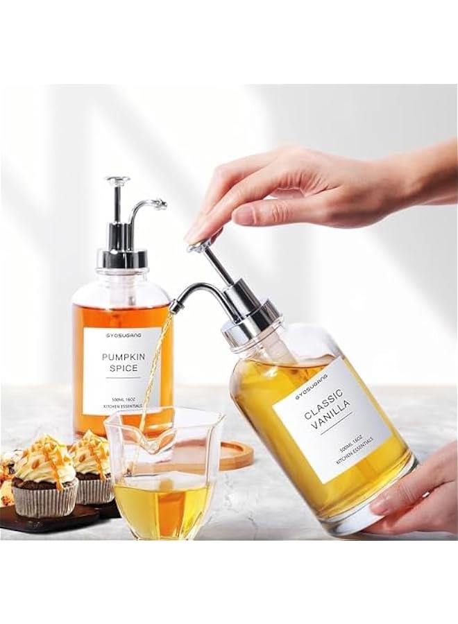 هوكور مجموعة موزع شراب 500 مل من قطعتين، موزع شراب القهوة لركن القهوة، ملصقات زجاجات الشراب الزجاجية وصينية الخيزران وقمع، موزع مضخة شراب، فضي - Image 2