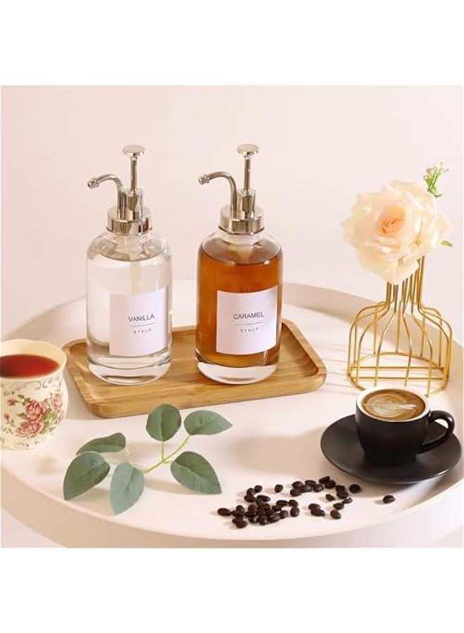 هوكور مجموعة موزع شراب 500 مل من قطعتين، موزع شراب القهوة لركن القهوة، ملصقات زجاجات الشراب الزجاجية وصينية الخيزران وقمع، موزع مضخة شراب، فضي - Image 3