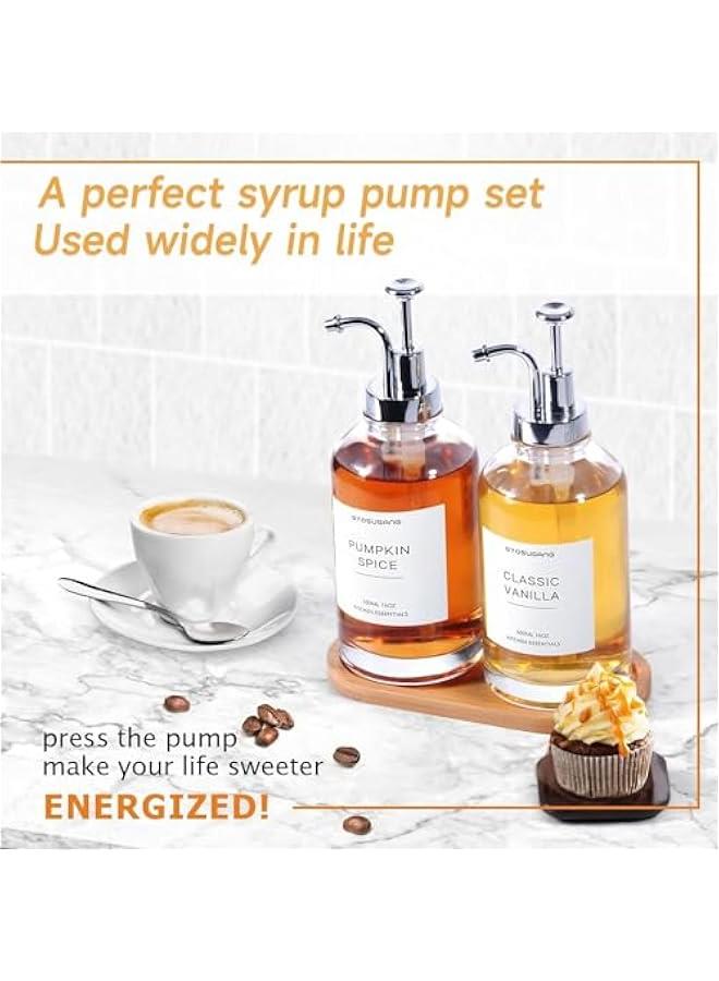 هوكور مجموعة موزع شراب 500 مل من قطعتين، موزع شراب القهوة لركن القهوة، ملصقات زجاجات الشراب الزجاجية وصينية الخيزران وقمع، موزع مضخة شراب، فضي - Image 4