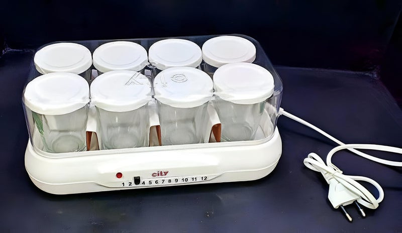 Glass Jar Yogurt Maker - Electric device with 8 transparent glass containers and tight-fitting lids, white color, perfect for healthy, homemade yogurt daily. - Image 1