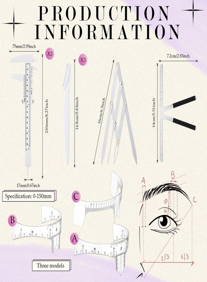 Konohan 11 Pcs Eyebrow Mapping Kit Eyebrow Shaping Tools Eye Brow Measuring Ruler Double Scale Vernier Caliper 3 Point Positioning Ruler Golden Ratio Caliper Brow Trimming Knives(White) - Image 2