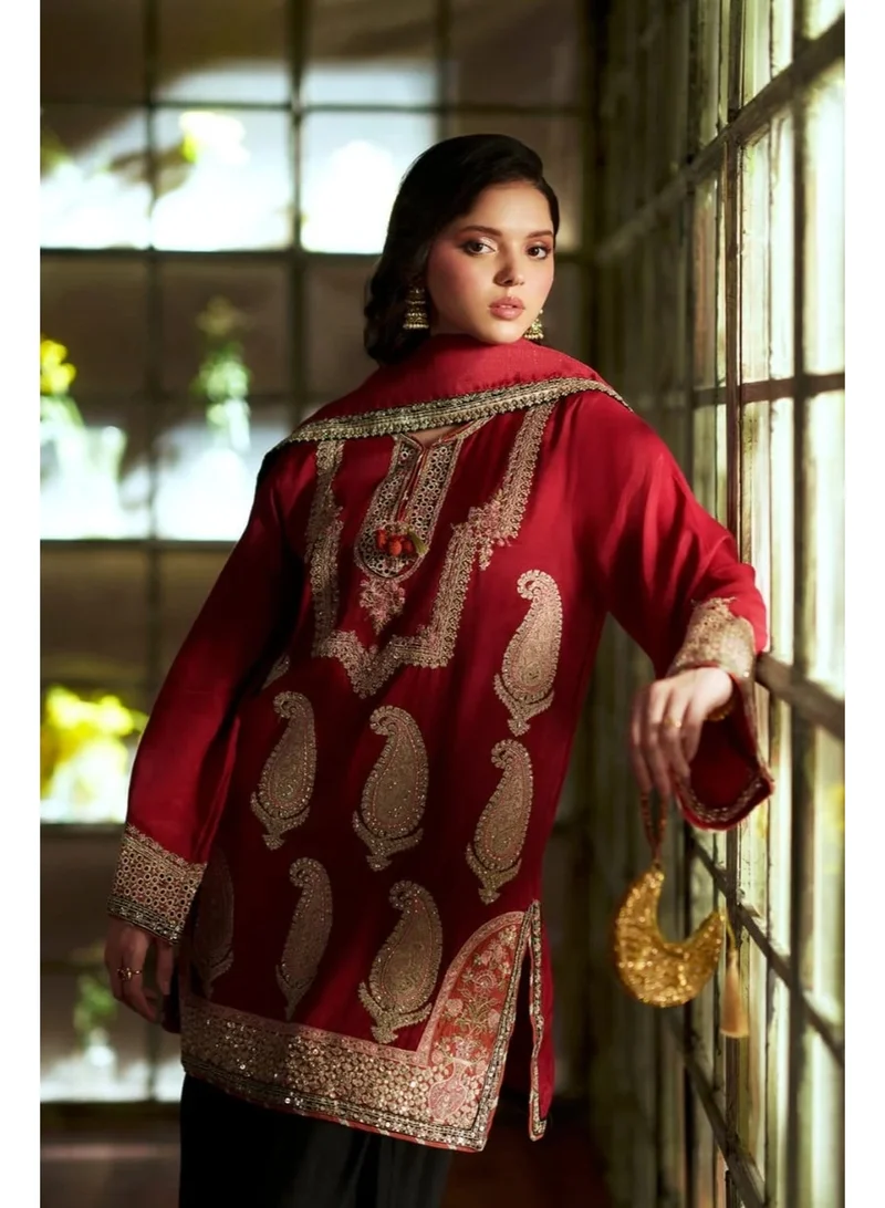 Bazm-A Fashion Atelier  Women's Luxury Embroidered 2-Piece Ethnic Wear Set - Red & Black, Chest 42-44 for Women | Best Price UAE