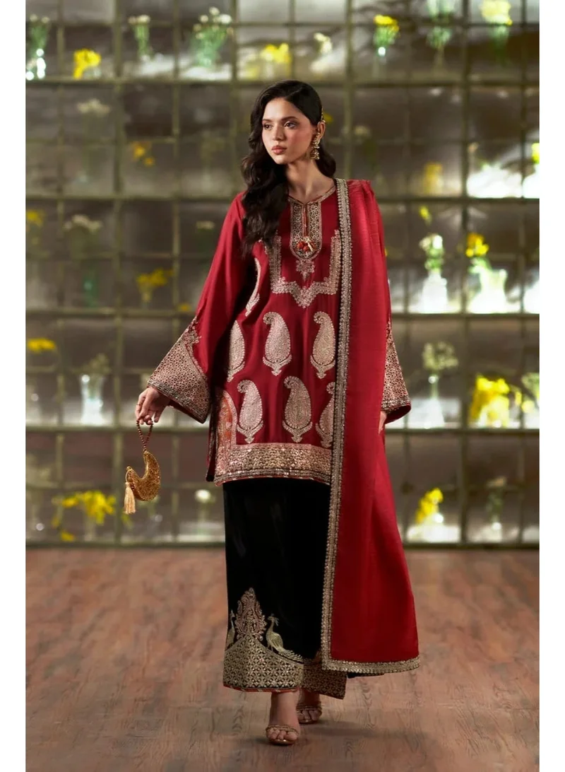 Women's Luxury Embroidered 2-Piece Ethnic Wear Set - Red & Black, Chest 42-44