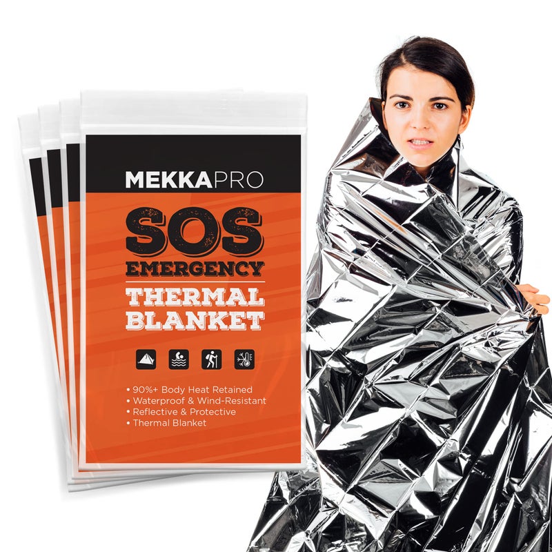 بطانيات حرارية طارئة من MEKKAPRO 4 عبوات بحجم الجيب للطوارئ والتخييم في الهواء الطلق والمشي لمسافات طويلة والبقاء على قيد الحياة والإسعافات الأولية فضية حرارية