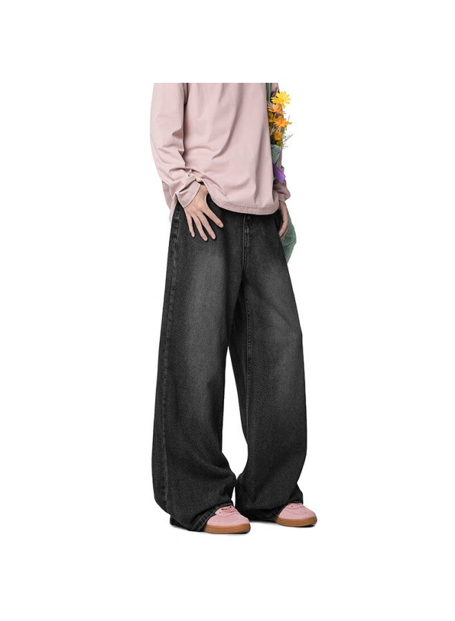 Dingfengbaoluo Men's Denim Jeans Spring Wide-leg American Style Curved Pocket Casual High-rise Trousers Cor01 Black M - Image 5