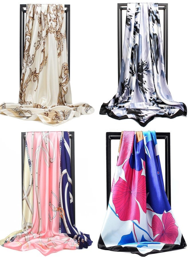 NUWEERIR 4pc Mixed Womens Large Square Scarf Set Silk Feeling Satin Hair Wrapping 35x35 inches