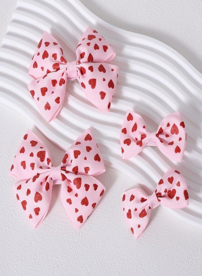 Miroksh Valentines Pink Hair Bows Gift for Girls Women 4Pcs Cute Handmade Glittery Red Love Heart Ribbon Alligator Clips, Her Wedding Birthday Party Dress Decoration Accessories - Image 2