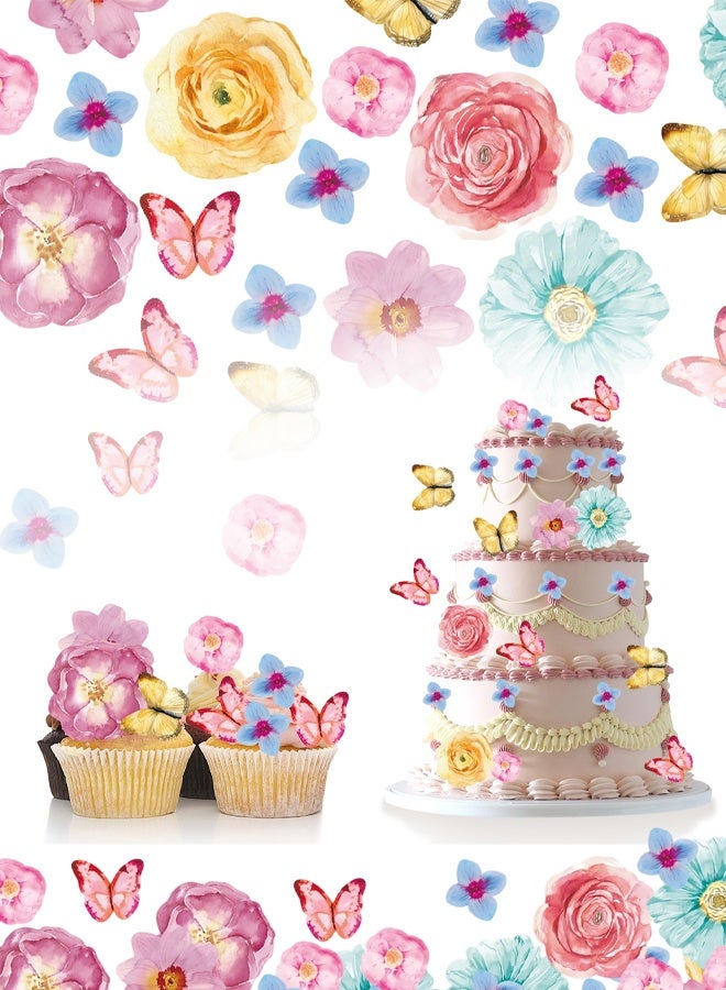 104 PCS Flowers & Butterfly Cake Topper Cupcake Toppers Wafer Paper Wedding Themed Party Birthday Party Decoration Supplies - Image 1