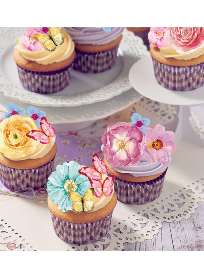 104 PCS Flowers & Butterfly Cake Topper Cupcake Toppers Wafer Paper Wedding Themed Party Birthday Party Decoration Supplies - Image 3