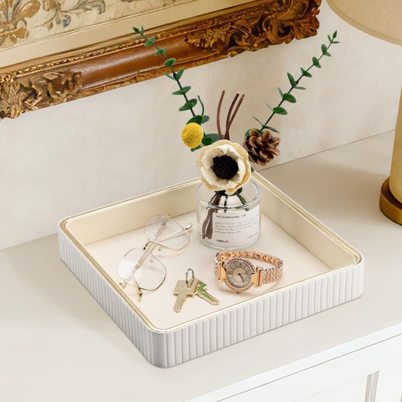 GORESE Square Nightstand Tray Perfume Organizer, Leather Decorative Tray, Purse Bowl Catch All Trays for Trinket Keys, Valet Jewelry Trays for Vanity, Gift for Women & Men, Cream White(9.3'' Ã— 9.3'') - Image 5