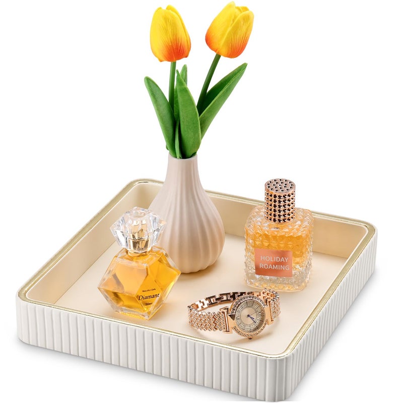 GORESE Square Nightstand Tray Perfume Organizer, Leather Decorative Tray, Purse Bowl Catch All Trays for Trinket Keys, Valet Jewelry Trays for Vanity, Gift for Women & Men, Cream White(9.3'' Ã— 9.3'') - Image 1