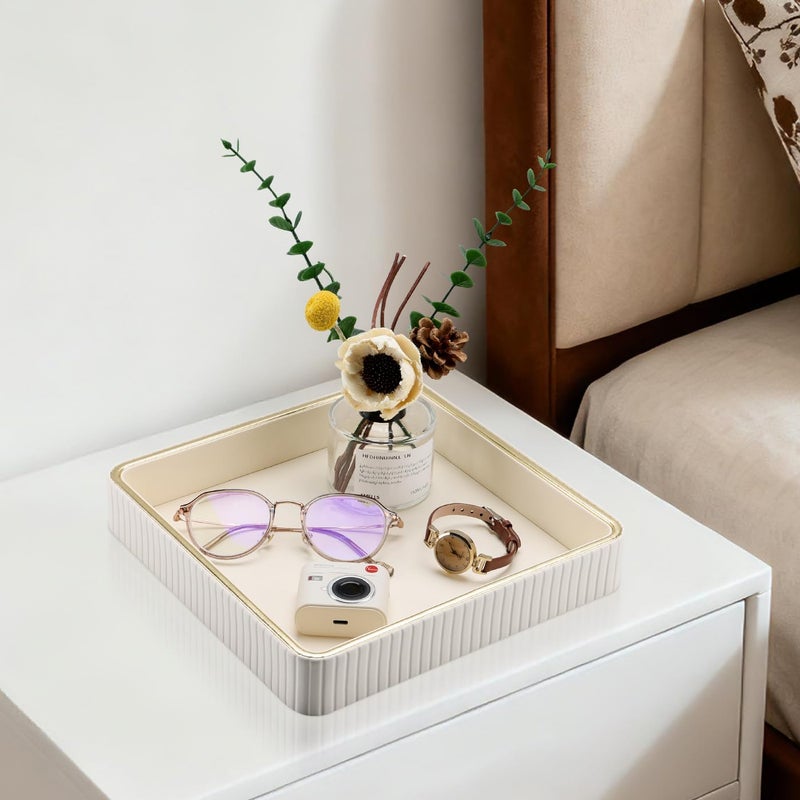 GORESE Square Nightstand Tray Perfume Organizer, Leather Decorative Tray, Purse Bowl Catch All Trays for Trinket Keys, Valet Jewelry Trays for Vanity, Gift for Women & Men, Cream White(9.3'' Ã— 9.3'') - Image 2