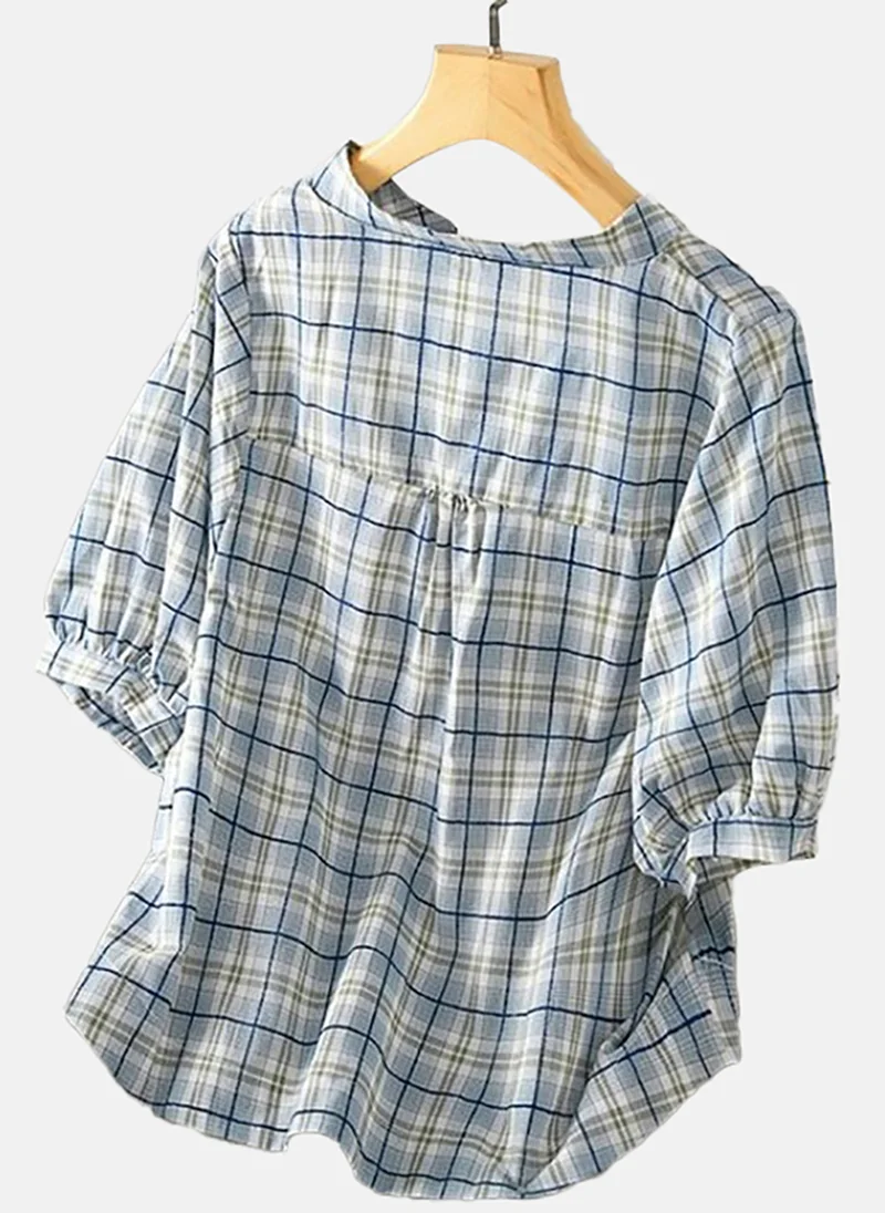 يونيكي Women Checked Cotton Shirt Style Top