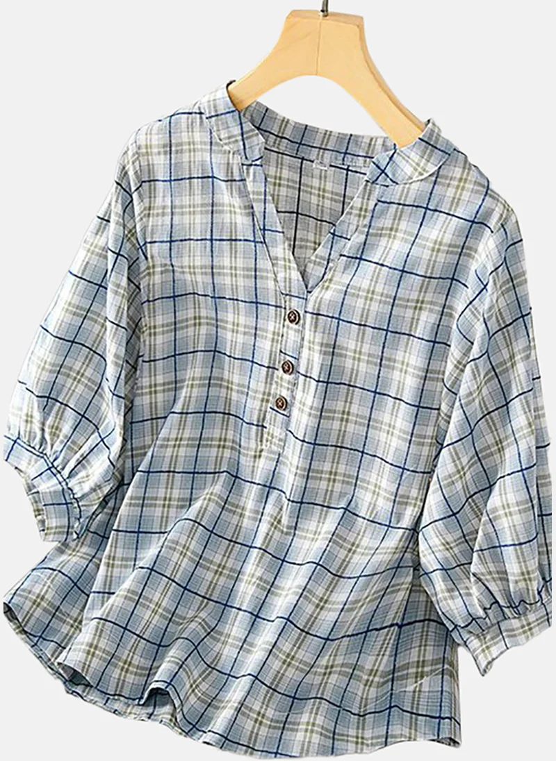يونيكي Women Checked Cotton Shirt Style Top