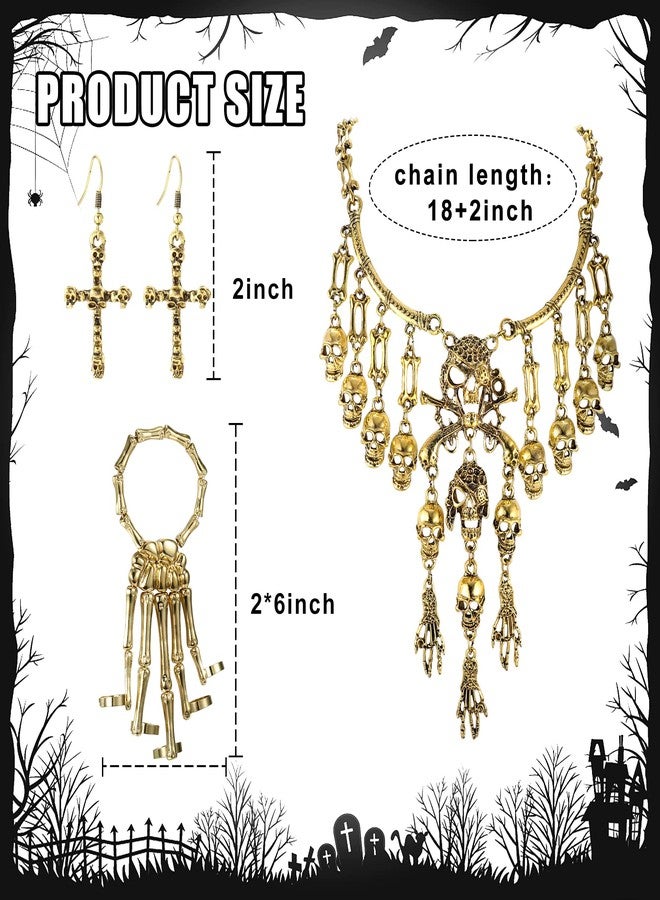 YADOCA 4Pcs Pirate Accessories For Women Multi-Level Pirate Skull Collar Bib Necklace Skull Skeleton Hand Bracelet Pirate Dangle Earrings Antique Gold Halloween Jewelry Set - Image 3