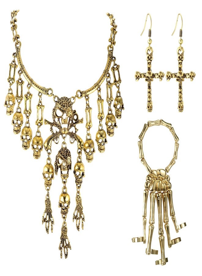 YADOCA 4Pcs Pirate Accessories For Women Multi-Level Pirate Skull Collar Bib Necklace Skull Skeleton Hand Bracelet Pirate Dangle Earrings Antique Gold Halloween Jewelry Set - Image 1