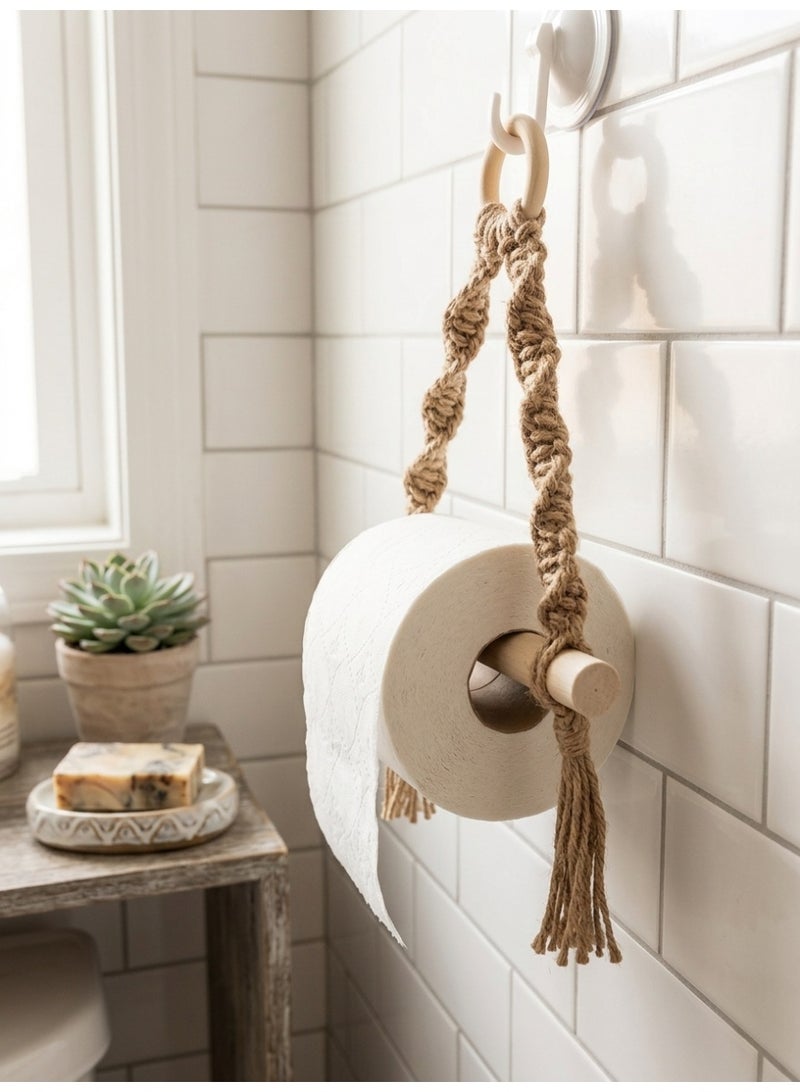 Antikiano Handmade Macrame Toilet Paper Holder, Boho Bathroom Tissue Roll Holder with Natural Wooden Rod 20*20 - Image 2