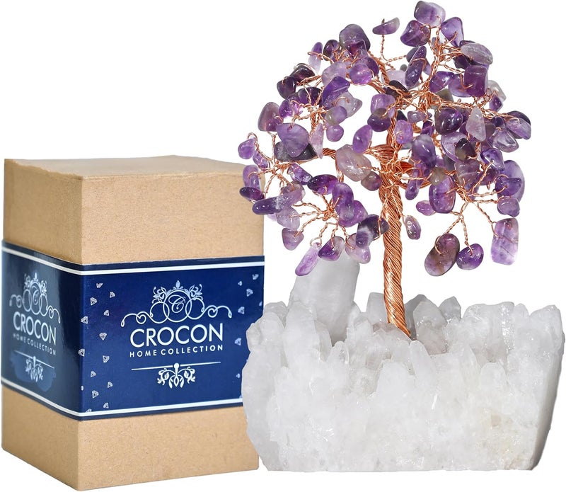 Crocon Amethyst Crystal Tree of Life with White Aura Base – Gemstone Tree for Shelf & Home Bedroom Decor – Crystals and Healing Stones, Cute Purple Birthday Gifts & Housewarming Gifts for Women Mom Sister - Image 1