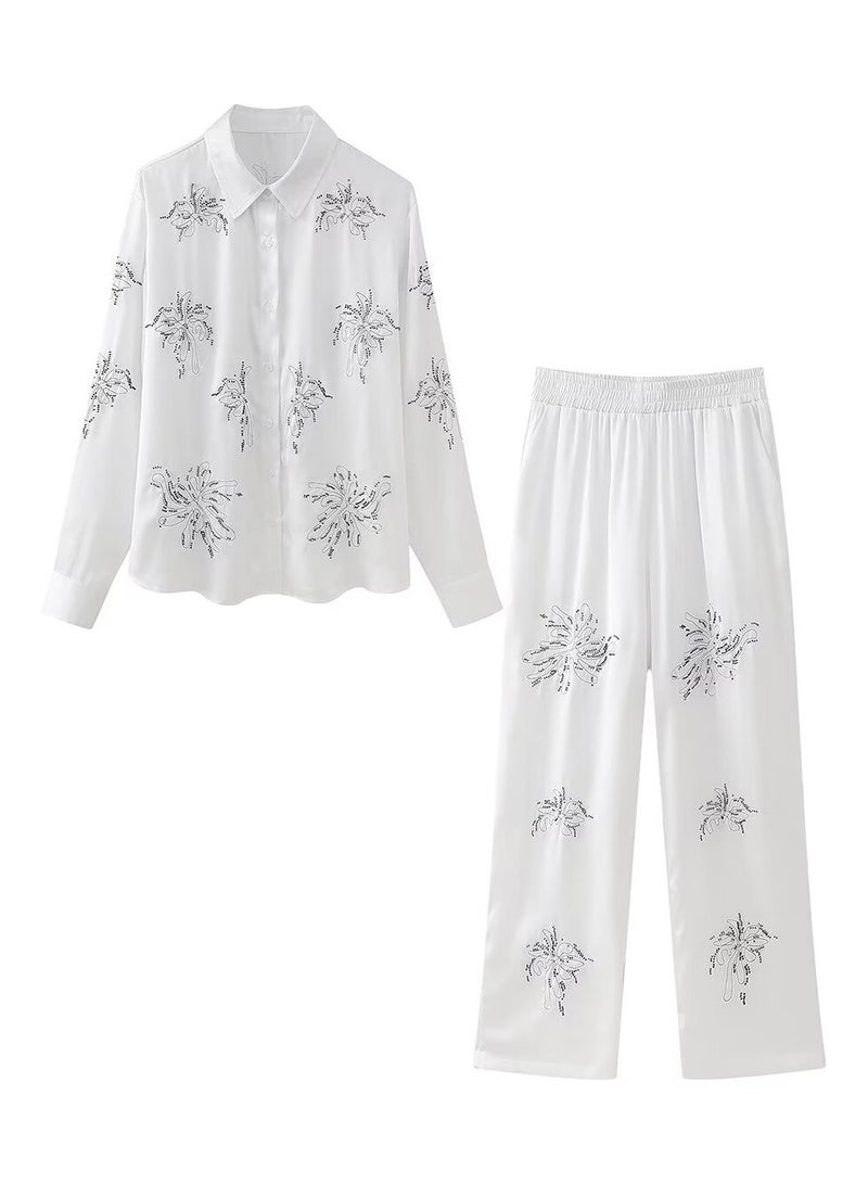 Shougu Casual Style Beaded Embroidered Shirt Straight Leg Pants Set - Image 1