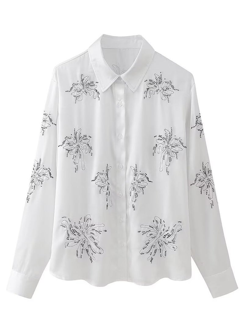 Shougu Casual Style Beaded Embroidered Shirt Straight Leg Pants Set - Image 3