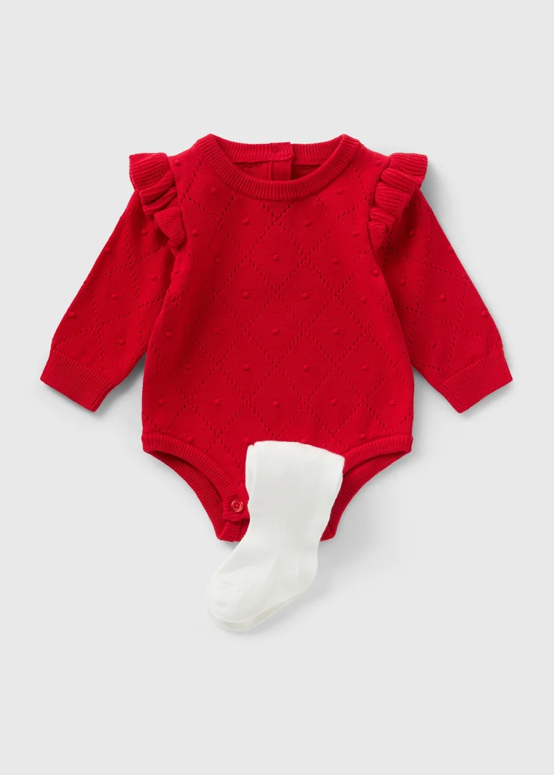 Baby Red Knitted Romper & Tights Set