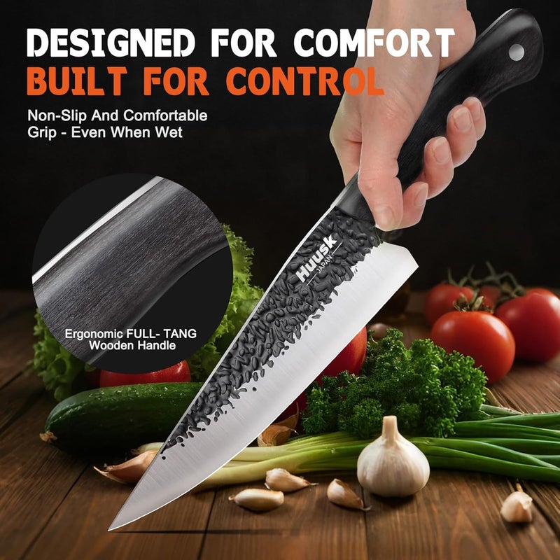 Huusk Japanese Chef Knife Set - Hand Forged Kitchen Knives for Meat Cutting - ATS-34 Carbon Steel Knives Set with Wooden Handle - Viking Cooking Knife Sets for BBQ Christmas Gift for Men and Women - Image 5