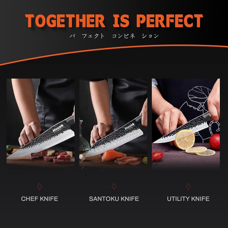 Huusk Japanese Chef Knife Set - Hand Forged Kitchen Knives for Meat Cutting - ATS-34 Carbon Steel Knives Set with Wooden Handle - Viking Cooking Knife Sets for BBQ Christmas Gift for Men and Women - Image 2