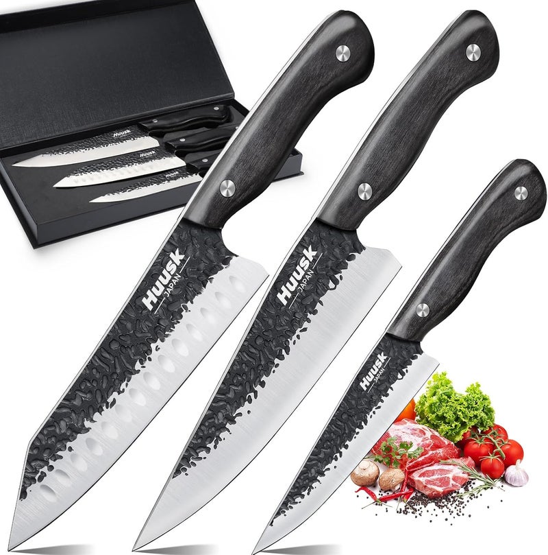 Huusk Japanese Chef Knife Set - Hand Forged Kitchen Knives for Meat Cutting - ATS-34 Carbon Steel Knives Set with Wooden Handle - Viking Cooking Knife Sets for BBQ Christmas Gift for Men and Women - Image 1