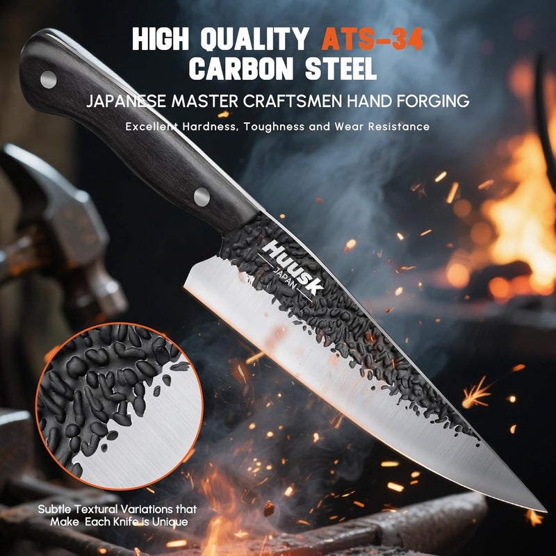 Huusk Japanese Chef Knife Set - Hand Forged Kitchen Knives for Meat Cutting - ATS-34 Carbon Steel Knives Set with Wooden Handle - Viking Cooking Knife Sets for BBQ Christmas Gift for Men and Women - Image 3