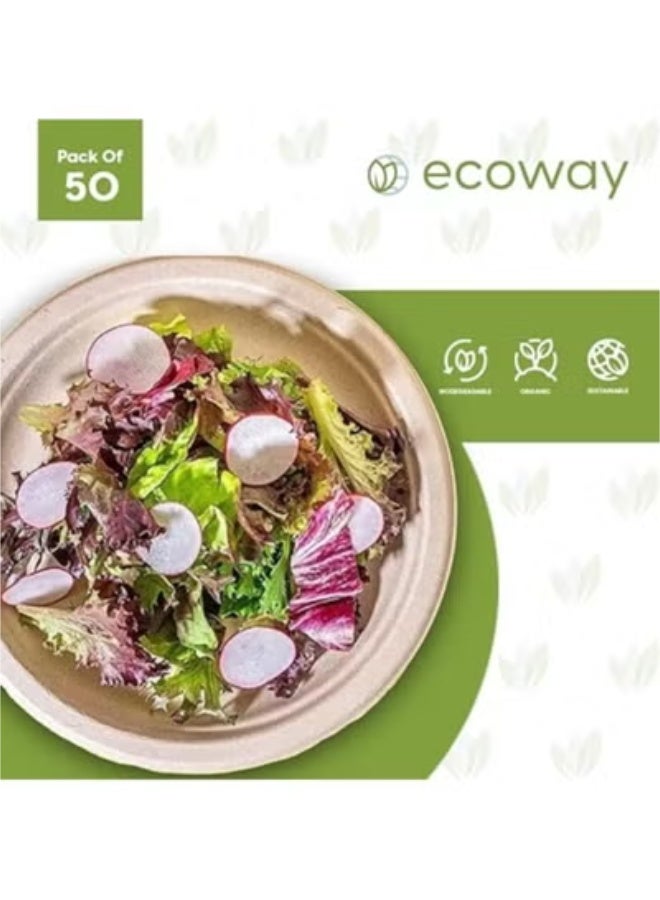 ايكواي Ecoway [7 Inch Round Plate Pack Of 50] Natural Color - Disposable Plates Made With Bagasse Sugar Canes Microwave & Freeze Safe, Compostable & Biodegradable Dinner Plates, Strong Everyday Tableware - Image 2