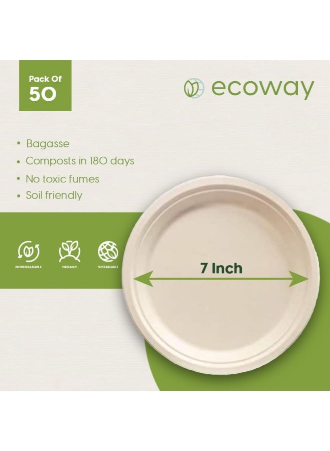 ايكواي Ecoway [7 Inch Round Plate Pack Of 50] Natural Color - Disposable Plates Made With Bagasse Sugar Canes Microwave & Freeze Safe, Compostable & Biodegradable Dinner Plates, Strong Everyday Tableware - Image 4