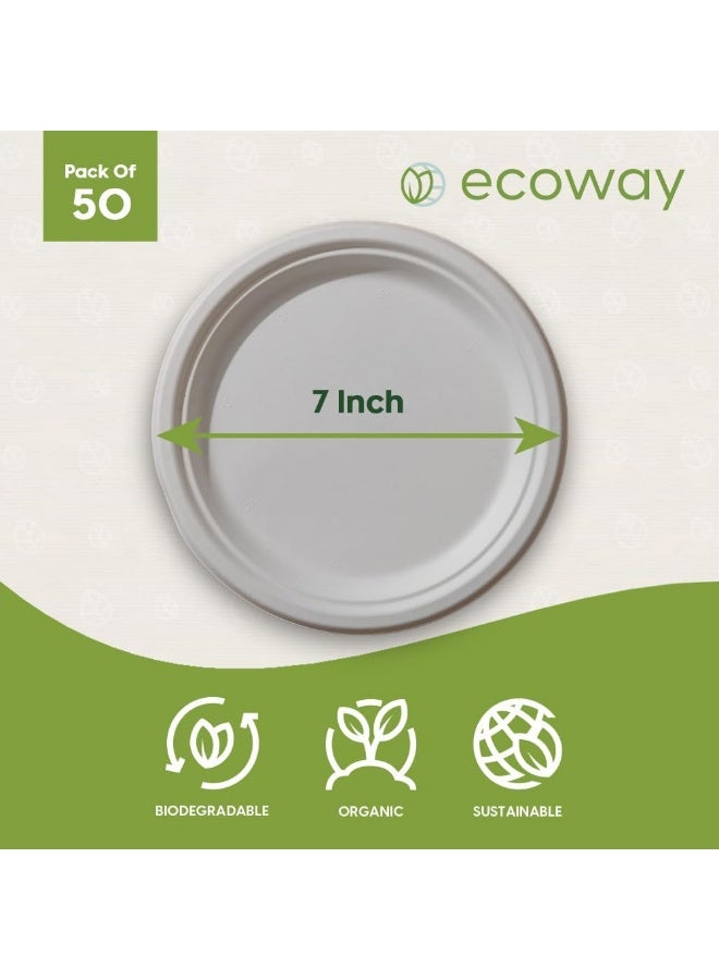 ايكواي Ecoway [7 Inch Round Plate Pack Of 50] Natural Color - Disposable Plates Made With Bagasse Sugar Canes Microwave & Freeze Safe, Compostable & Biodegradable Dinner Plates, Strong Everyday Tableware - Image 5