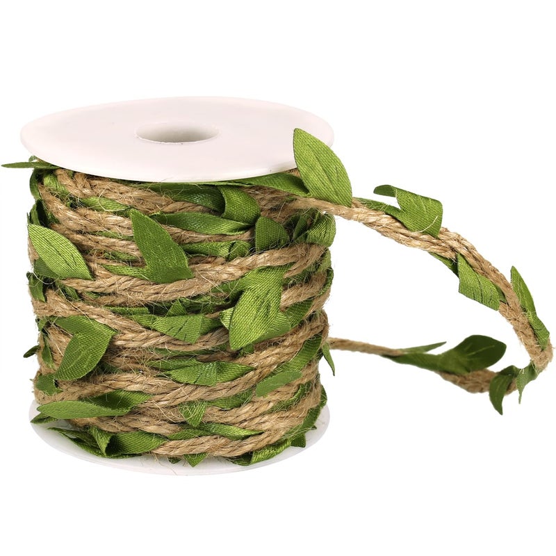 Auerllcy Natural Jute Twine Ribbon with Artificial Green Leaves â€“ 33ft Rustic Leaf Vine Garland, Braided Burlap Twine for Crafts, Jungle Safari Party, Baby Shower, Wedding & Home Decor - Image 1