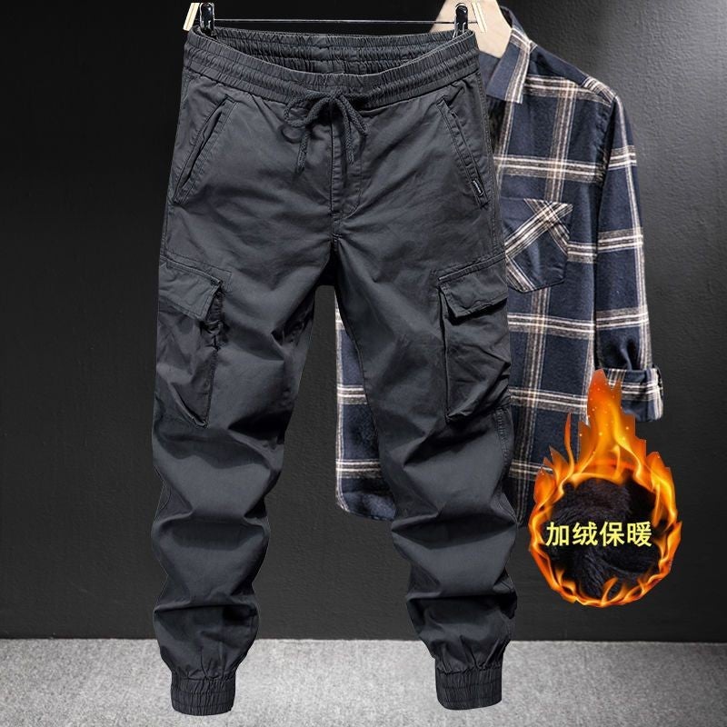 Autumn and Winter Cargo Pants Mens Loose plus size Pants fleece-lined Thickened Multi-Pocket Wear-Resistant Casual Work Pants Gray [fleece style] single pack