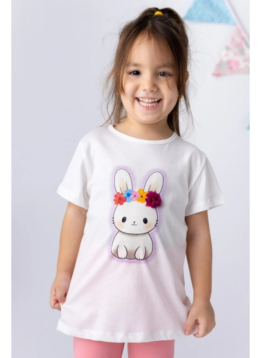 Mininio Girls Rabbit Printed 3D Floral T-Shirt