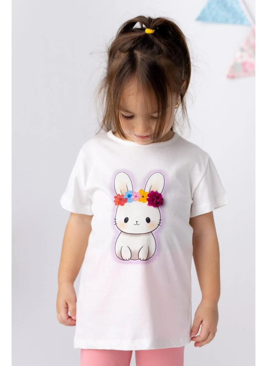 Mininio Girls Rabbit Printed 3D Floral T-Shirt