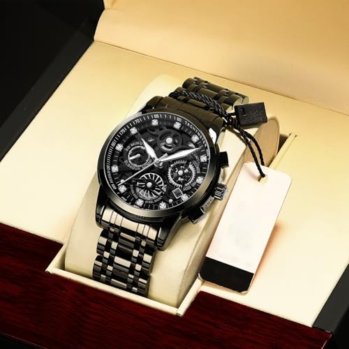 Gosasa Luxury Hollowed Men's Watches Diamonds Chronography High Grade Fashion Watch for Men Stainless Steel Calendar Luminous Quartz Waterproof Business Male Wristwatch (Black Black) - Image 5