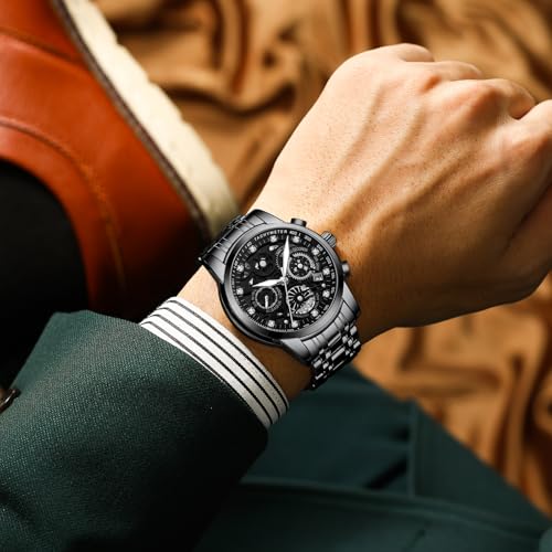 Gosasa Luxury Hollowed Men's Watches Diamonds Chronography High Grade Fashion Watch for Men Stainless Steel Calendar Luminous Quartz Waterproof Business Male Wristwatch (Black Black) - Image 2