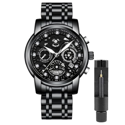 Gosasa Luxury Hollowed Men's Watches Diamonds Chronography High Grade Fashion Watch for Men Stainless Steel Calendar Luminous Quartz Waterproof Business Male Wristwatch (Black Black) - Image 1