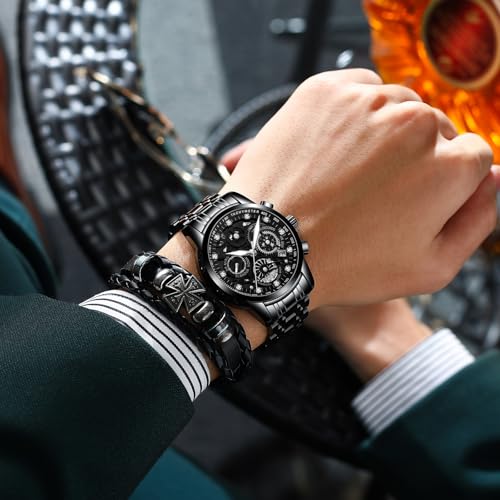 Gosasa Luxury Hollowed Men's Watches Diamonds Chronography High Grade Fashion Watch for Men Stainless Steel Calendar Luminous Quartz Waterproof Business Male Wristwatch (Black Black) - Image 4